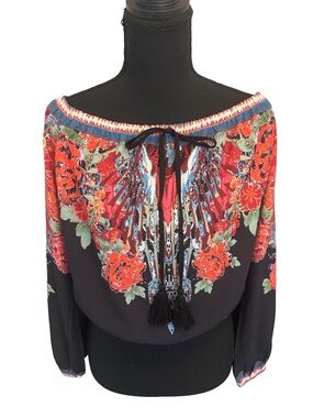🍅 Flying Tomato Black Off-Shoulder Boho Floral Tie-Front Blouse Size L
